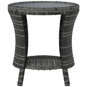 Outsunny 18" Wicker Outdoor Coffee Table, PE Rattan Patio Side Table with 2-Tier Storage, Composite Wood Top, Gray
