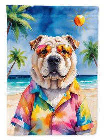 Shar Pei Summer Beach Time House Flag Large Porch Sleeve Pole Decorative Outside Yard Banner Artwork Wall Hanging, Polyester, House Size, Multico